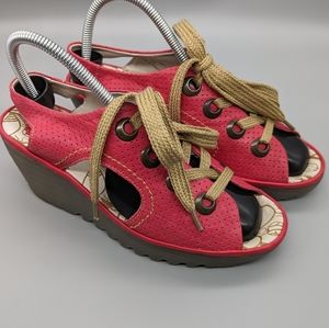 Fly London size 8.5-9 lace up slingback open toed wedges